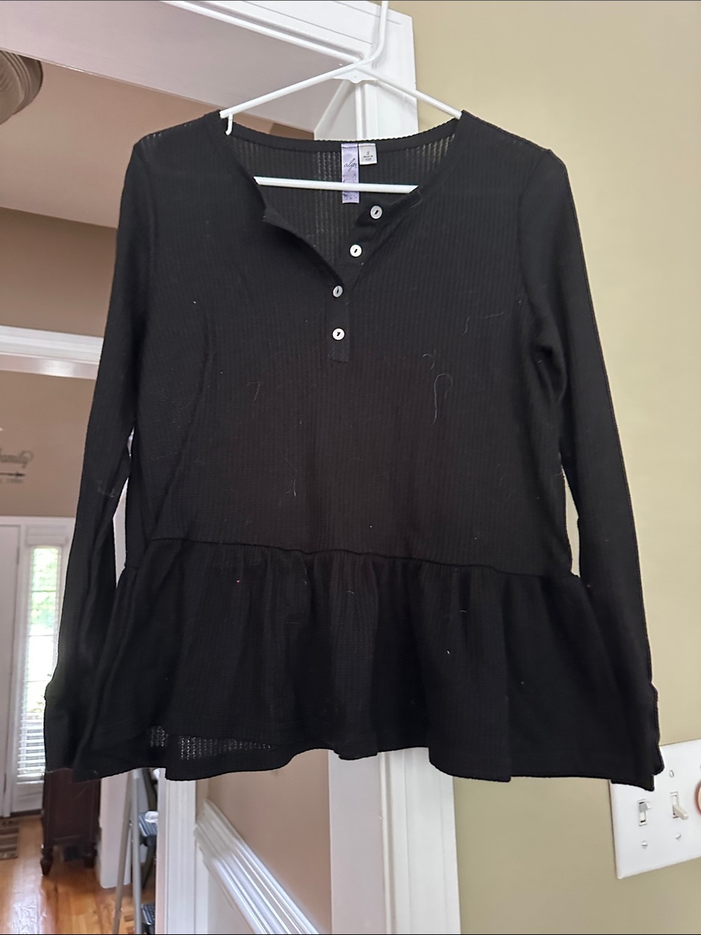 Black Long Sleeve Ribbed Peplum Henley Top